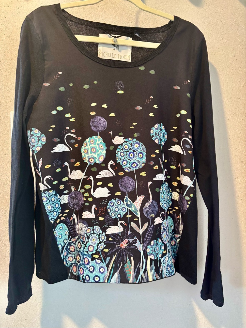 Michele Black Long-Sleeve Floral & Swan Print Blouse